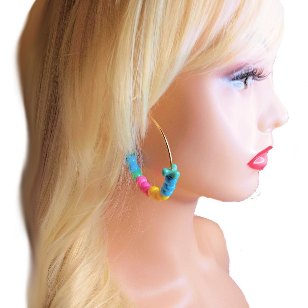 Colorful Beaded Hoop Earrrings, Large Beaded Hoops, Large Gold Hoops